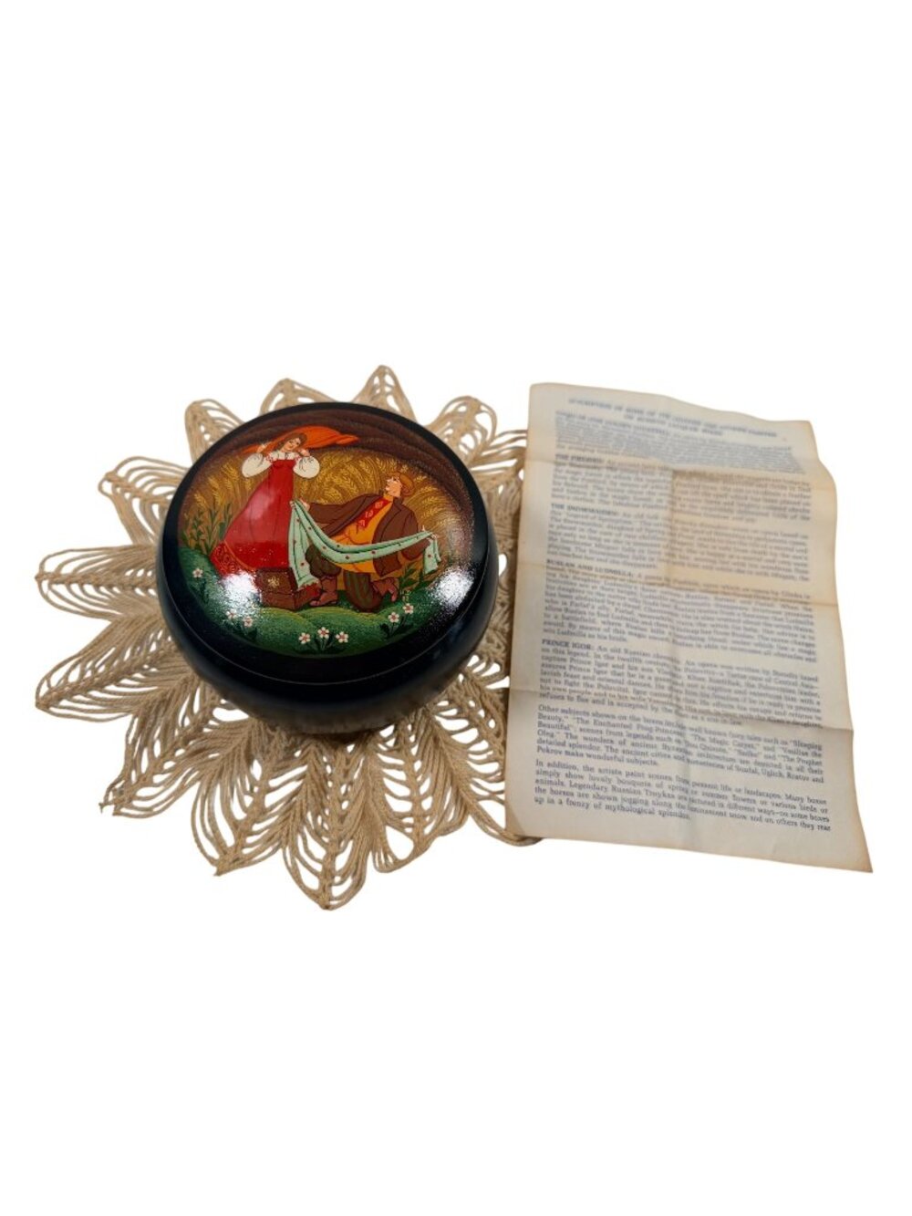 Russian Handpainted Lacquer Box With Folktale Scene & Crochet Doily Set